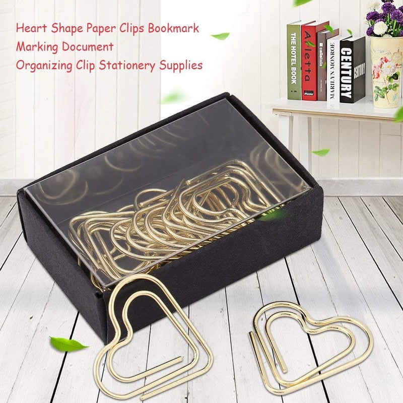 Hztyyier Heart-Shaped Paper Clips, 12-Pack Metal Document Clamps for School Office Use, Golden Bookmark Organizer Stationery Supplies - Image 3